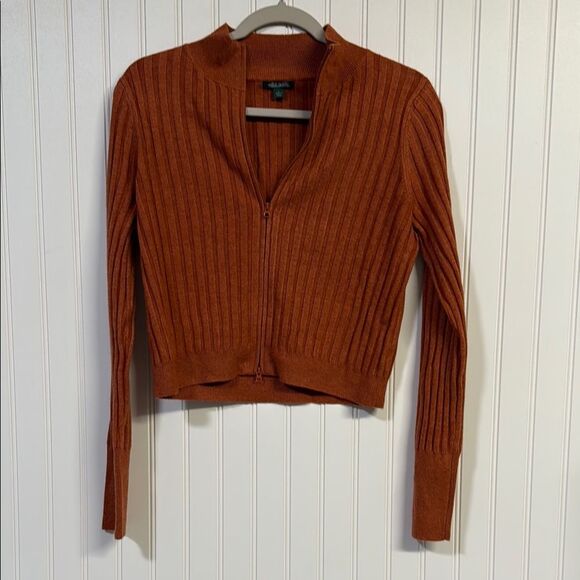 Widl Fable Women's Burnt Orange Ribbed Full Zip Cardigan Sweater - Picture 1 of 6